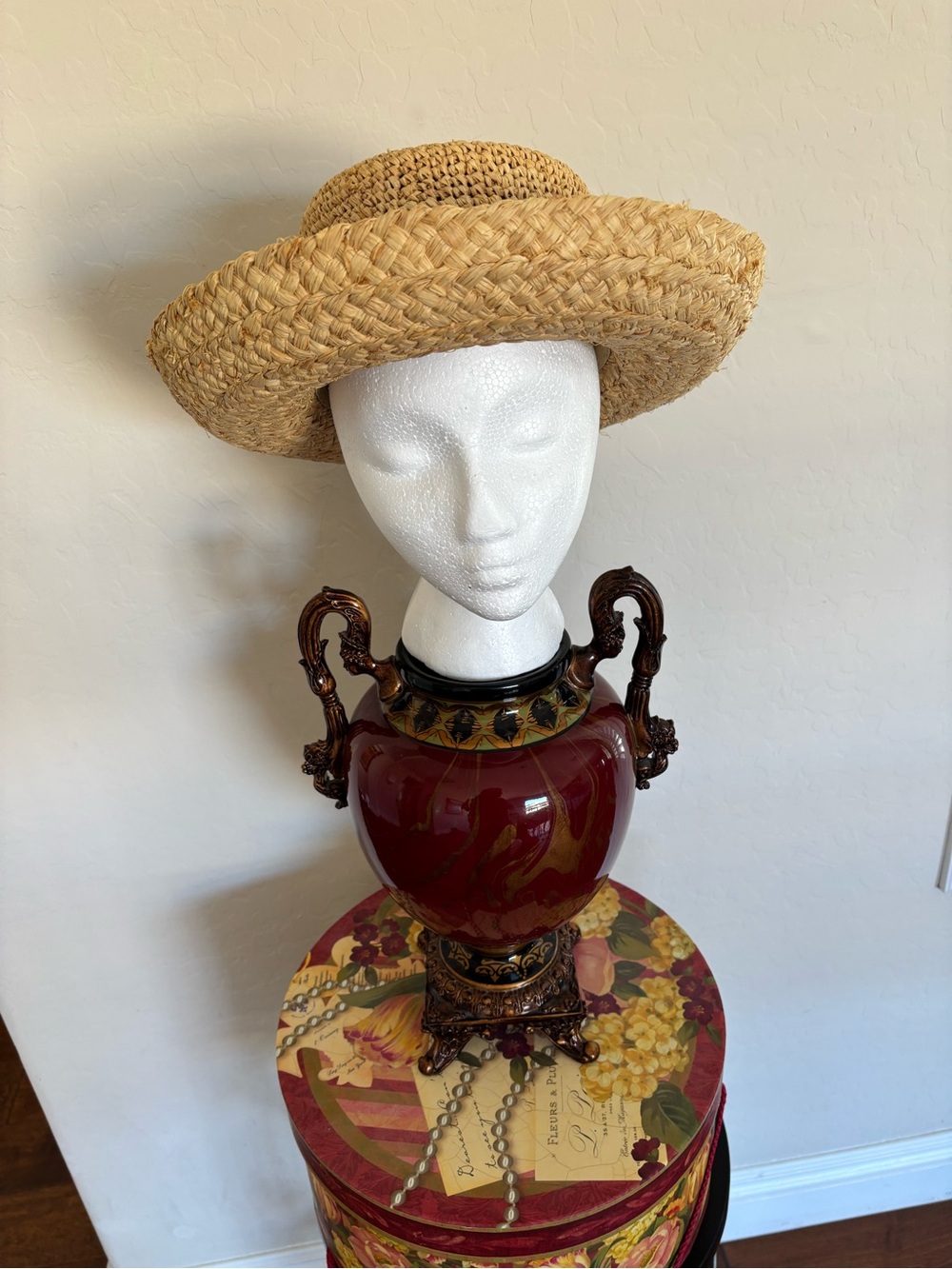 Ann Taylor Straw Hat with Wide Black Ribbon Band and Bow.